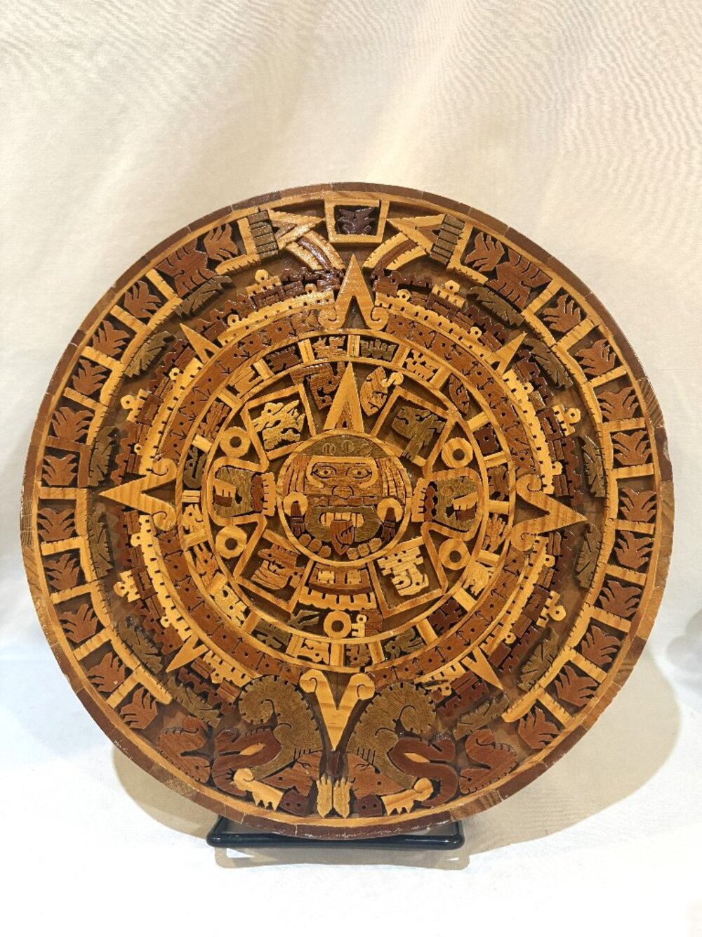 Handmade Inlaid Marquetry Wooden Aztec Calendar Piedra Del Sol Wall Decor Mexico